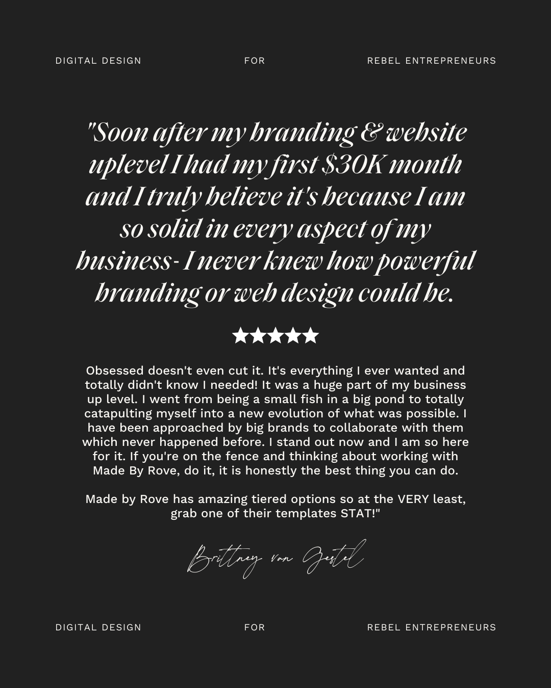 Client testimonial highlighting the importance of a great website when trying to build confidence as an entrepreneur