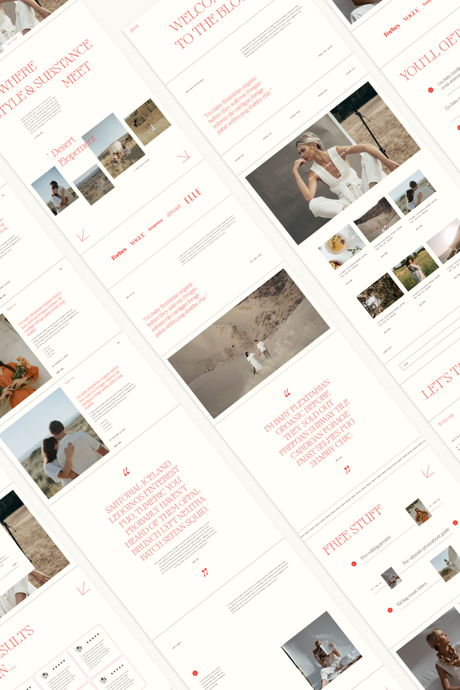 Multiple pages displayed horizontally of our Jaime Showit template